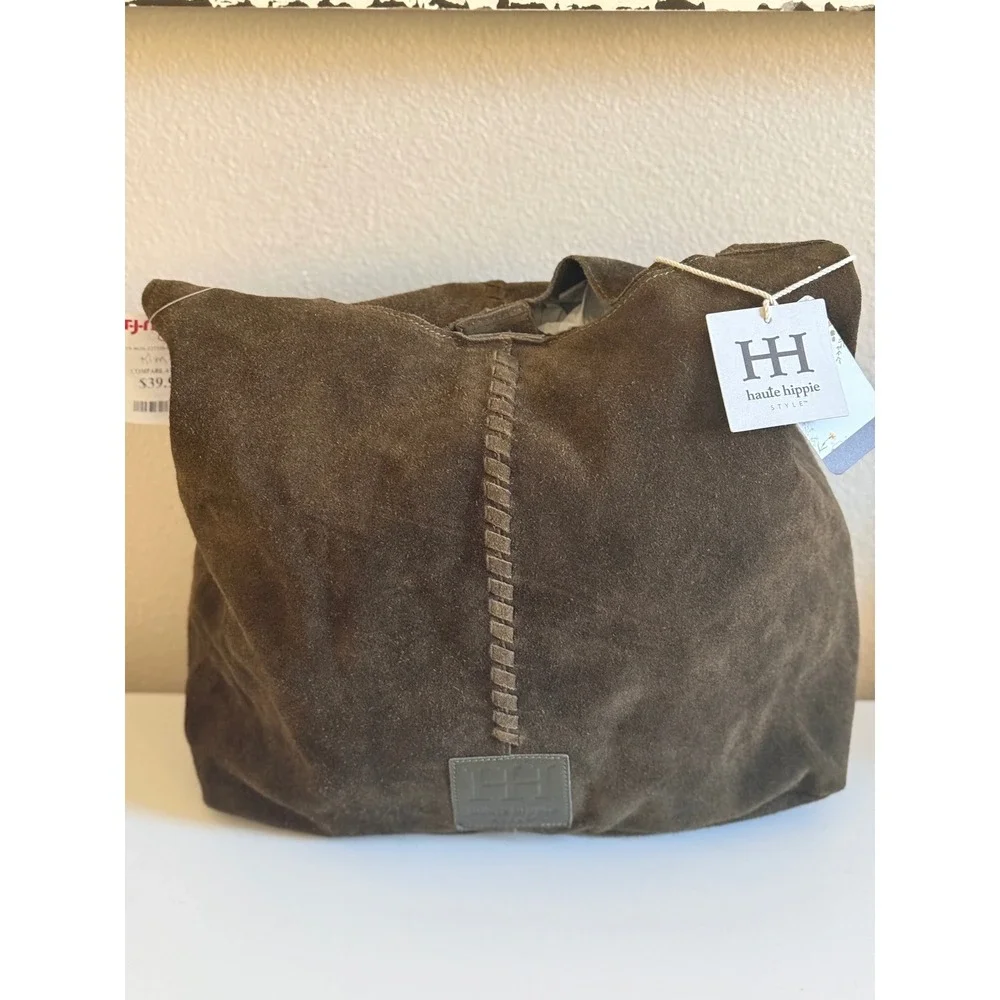 Haute Hippie Style Brown Suede Hobo Bag Whipstitch Boho Shoulder Bag NEW